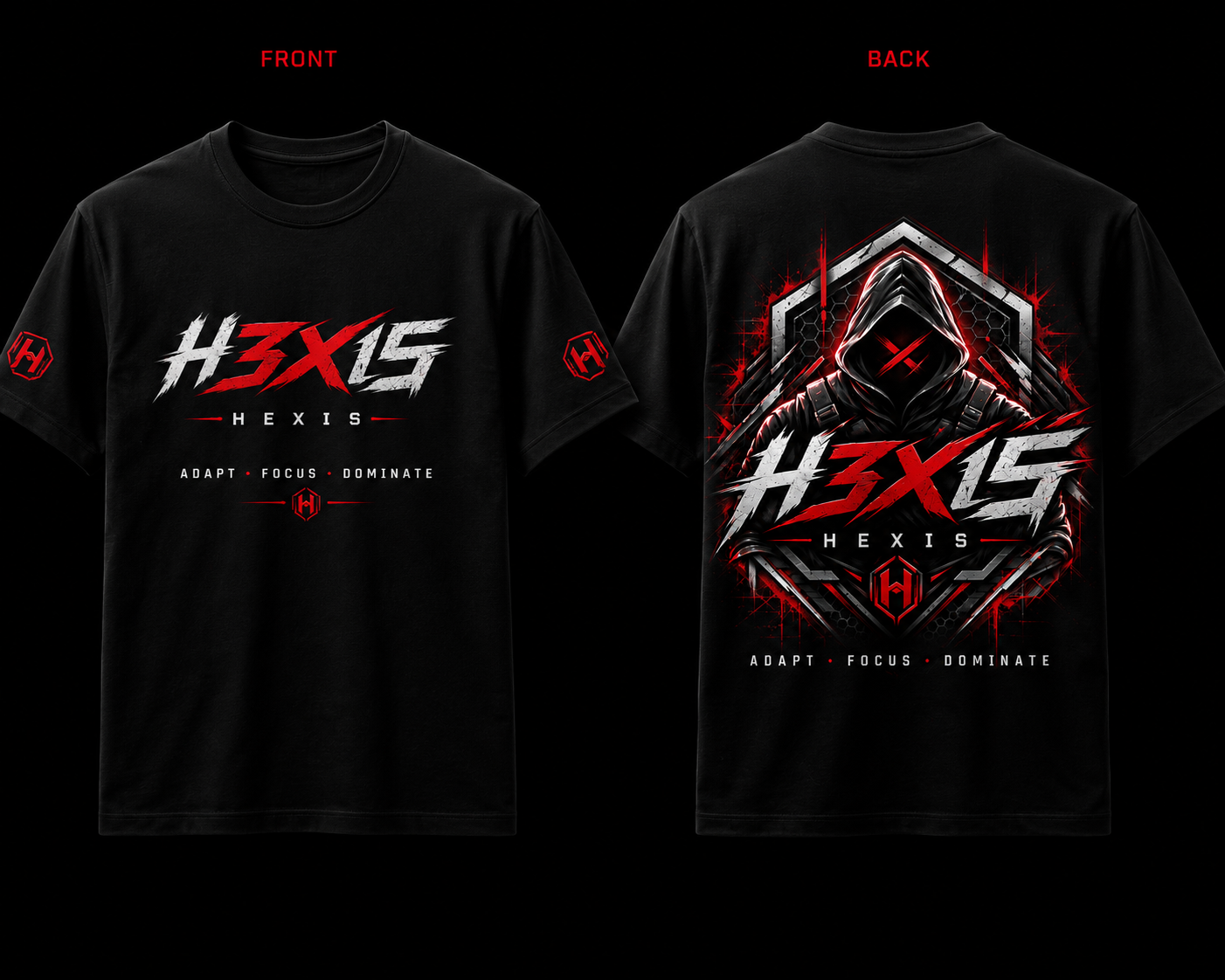 H3X15 black shirt, front and back